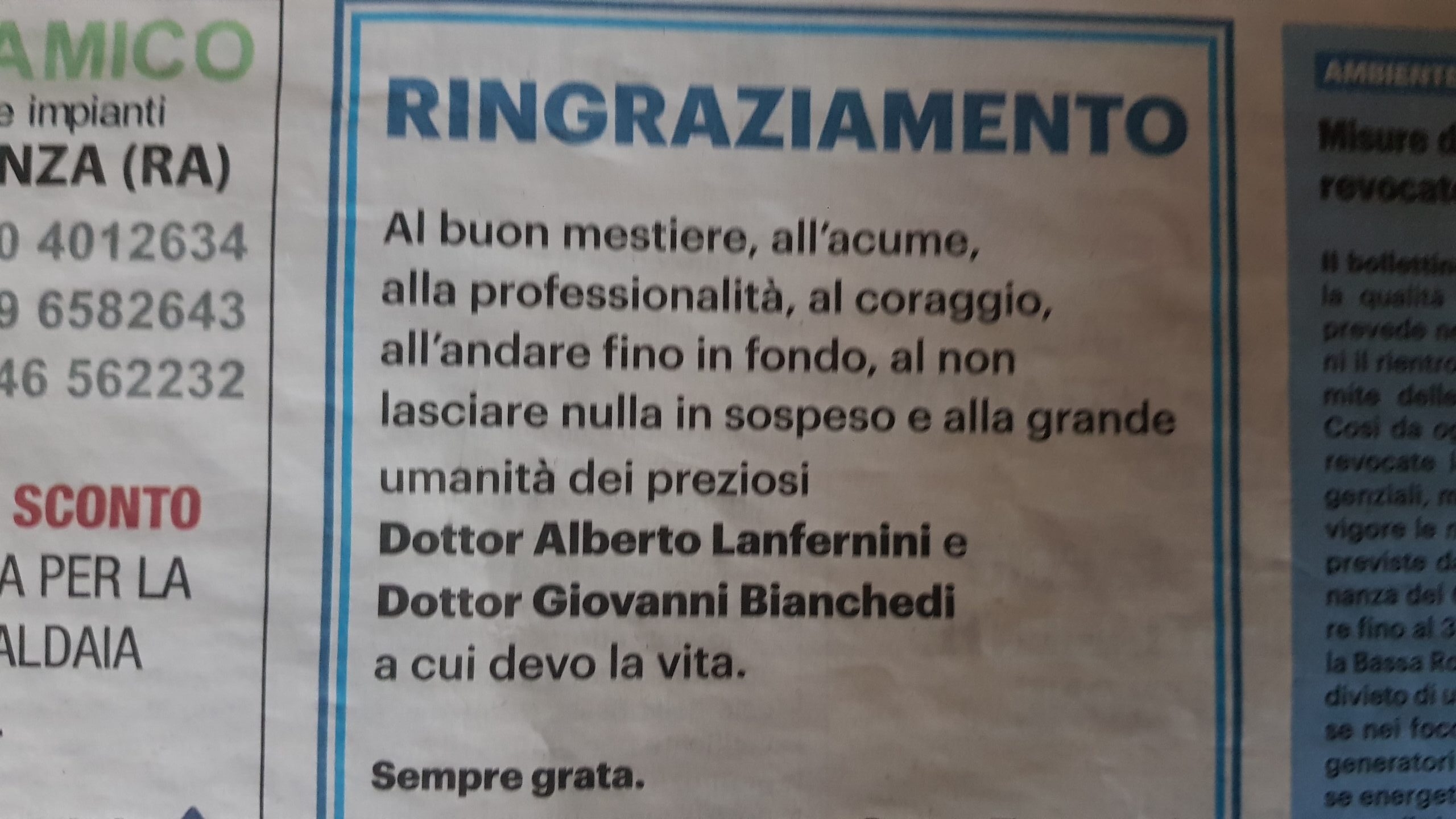 ringraziamento Carlino Faenza Dot. Lanfernini Oculista Faenza Dot. Bianchedi